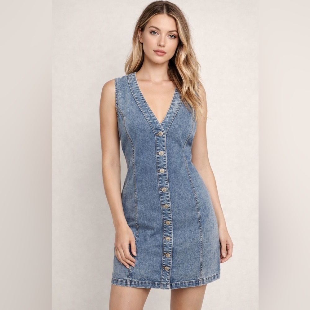 NWT Frye Denim Button Front Mini Dress Sleeveless Western Coastal Festival XLg - Picture 3 of 15
